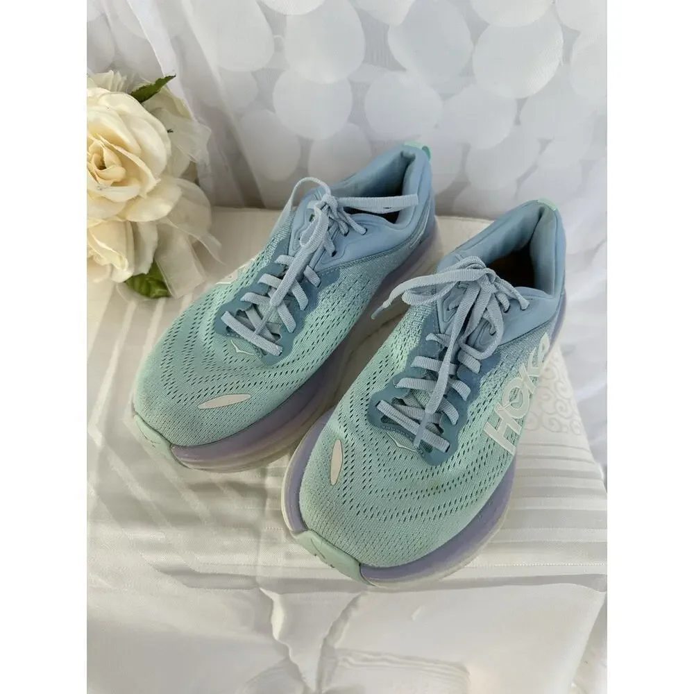 Hoka One One Womens 7.5 Bondi 8 Blue Lavender Casual Athletic Sneakers CLEANED